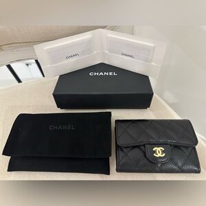 Classic Chanel Black Caviar Quilted Flap Card Holder Wallet Black Gold NWT